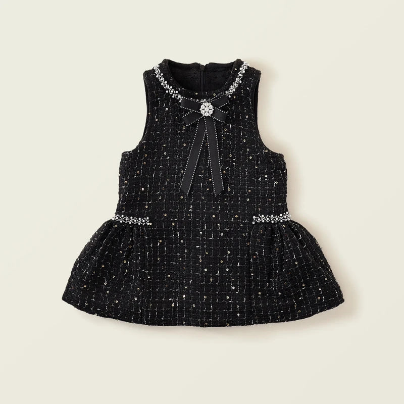 Autumn Girls Coarse Tweed Sleeveless Vest Dress Winter Baby Black Elegant Dress Kids Dresses for Girls