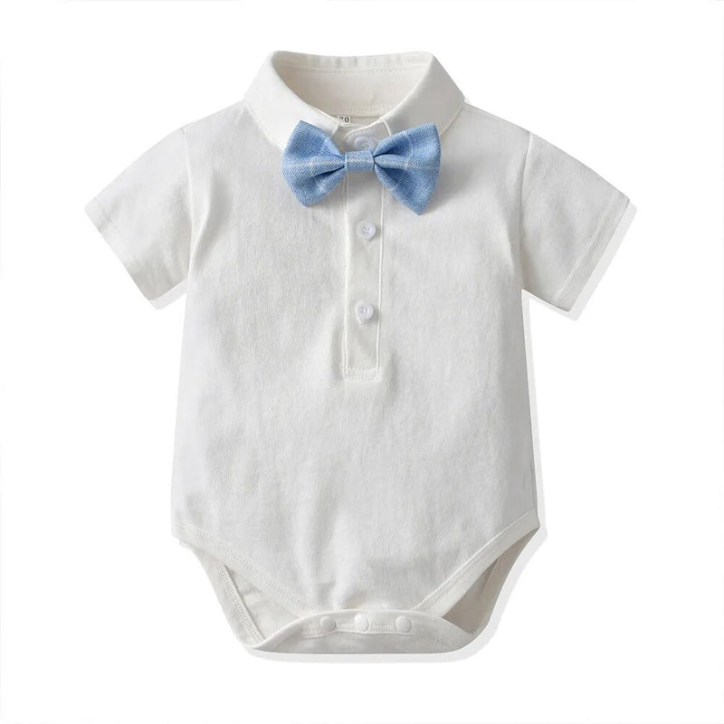 Baby Boy Formal Suit Blue Toddler Boy 1st Birthday Outfit Kids Party Suit Designer Dress Baby Bow Romper Shirt Shorts Vest