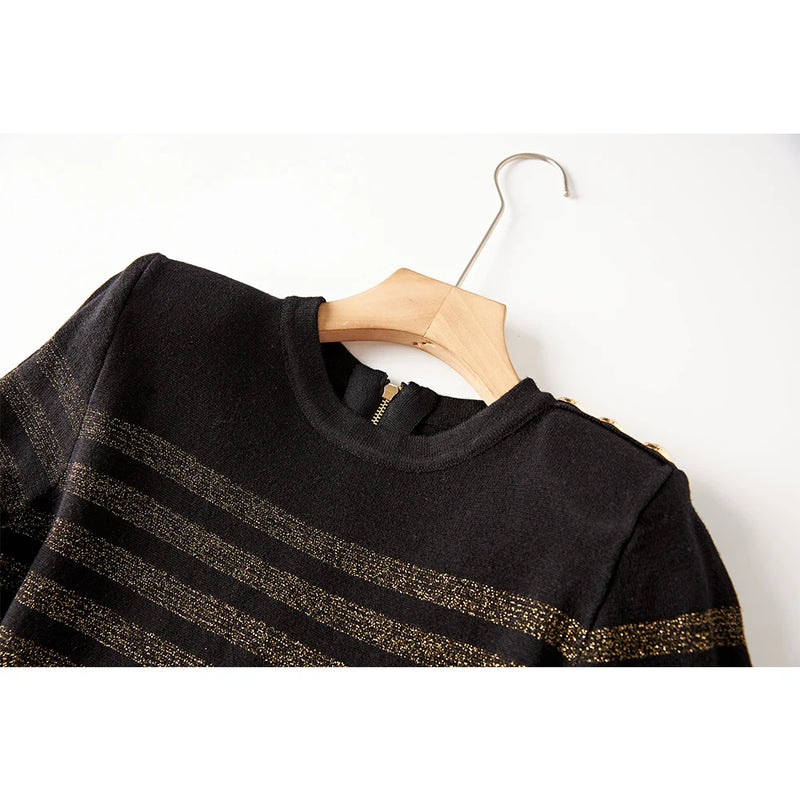 Autumn Spring Wool Blend Gold Threads Women Striped Knitted Vintage Dress