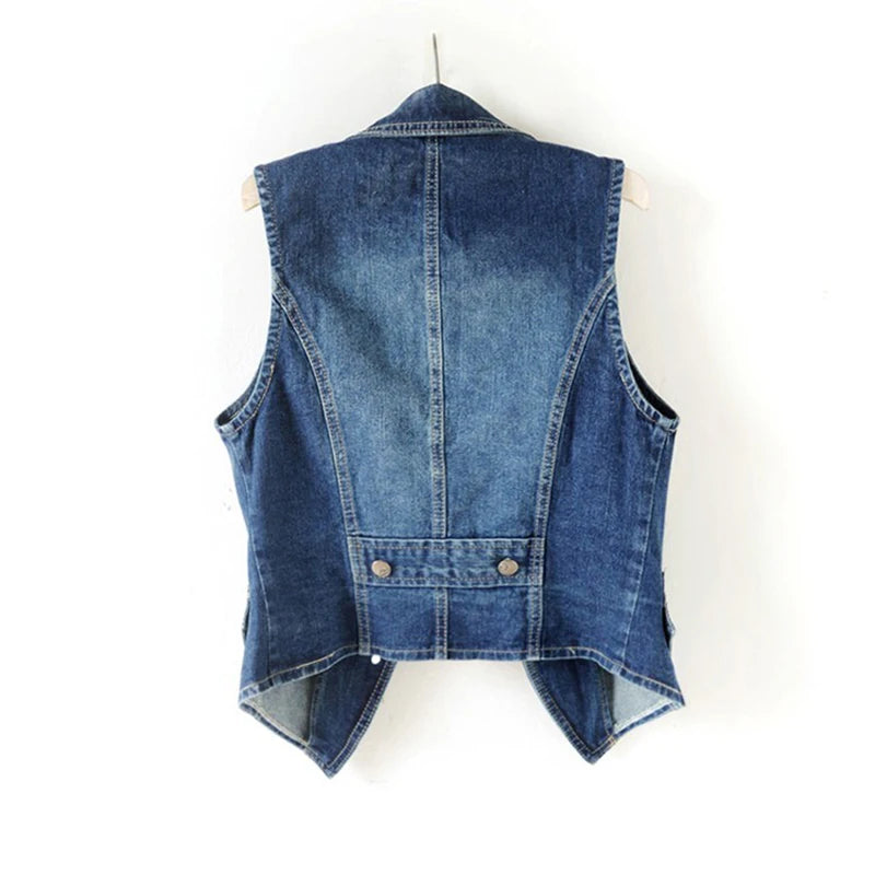 Women Denim Vest Lapel Sleeveless Slim Short Jacket Spring Autumn Casual Waistcoat Outerwear Female