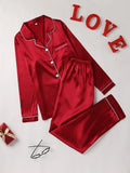 Solid Pajama Set Up Lapel Top & Pants Set Women's Sleepwear & Loungewear