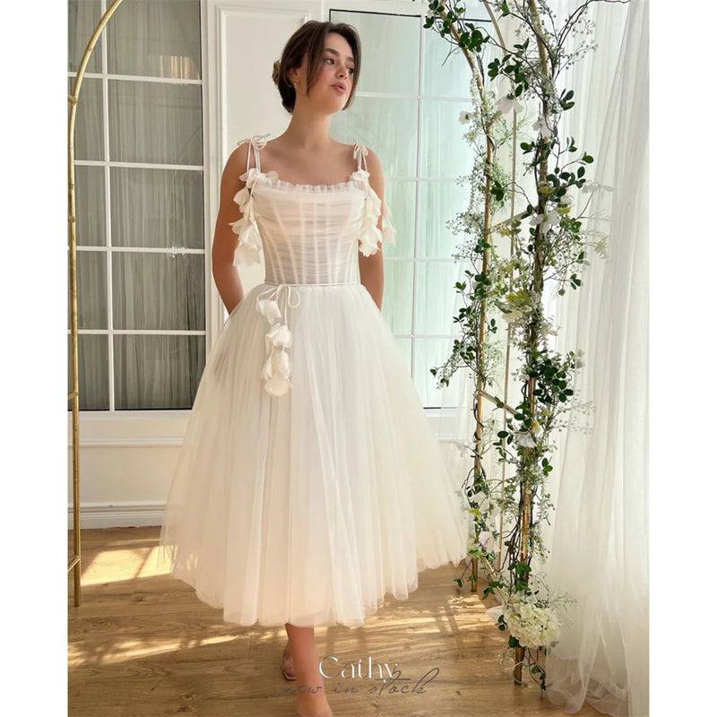 Princess White Tulle Wedding Dresses  with Flowers Elegant Ankle-length