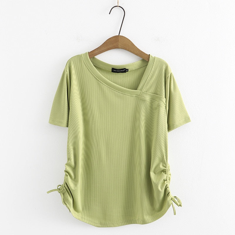 Summer Basic T-Shirt Women Skew Collar Tees Short Sleeve Drawstring On Both Sides Tops Curve Clothes