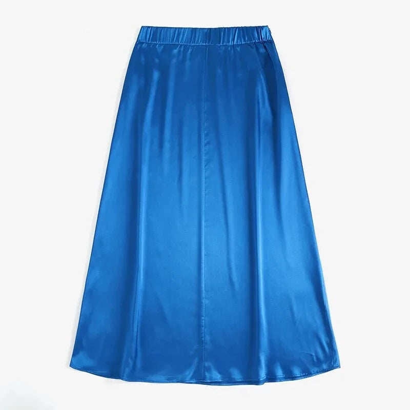 Elegant Women Party Satin Skirts Summer High Waist Solid Midi Skirt Female Holiday Work