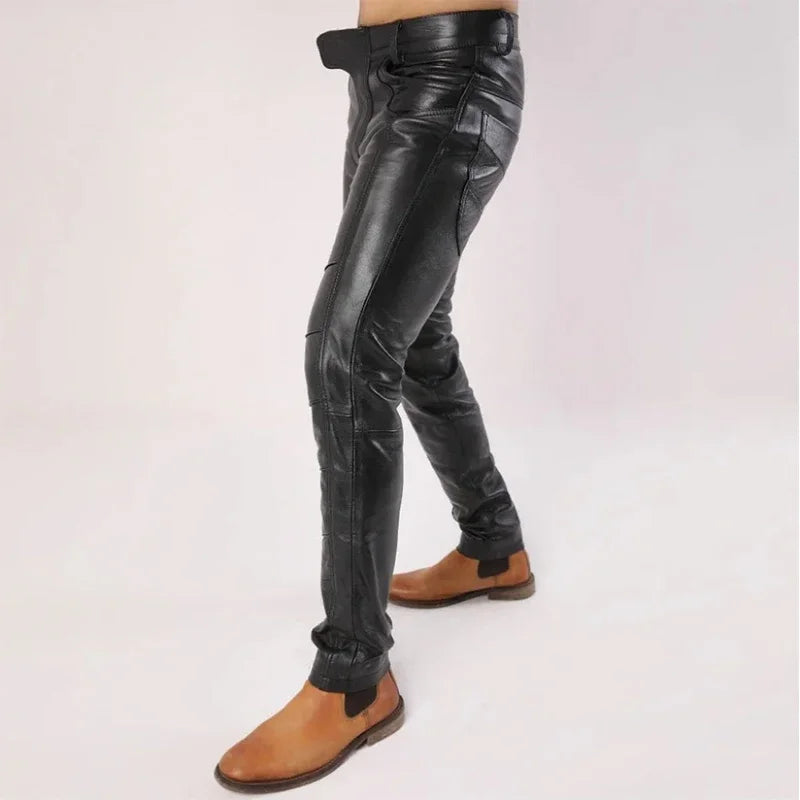 Men's Black Matte Faux Leather Splicing Pencil Pants Male Trousers