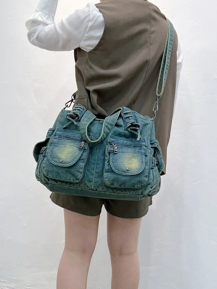 Women Bag Vintage Casual Denim Handbag Lady Jeans Tote Weave tape Creative Shoulder Messenger Bag