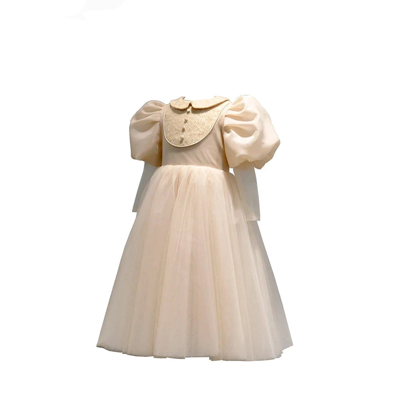 Champagne Girls Skirt Lace Lantern Sleeves Ball Gown Customized Elegant Kids Dresses