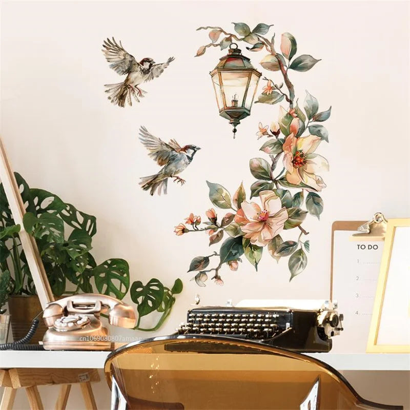 Flower Pendant Lamp Bird Wall Sticker for Bedroom Entrance Home Background Decor Wall Art