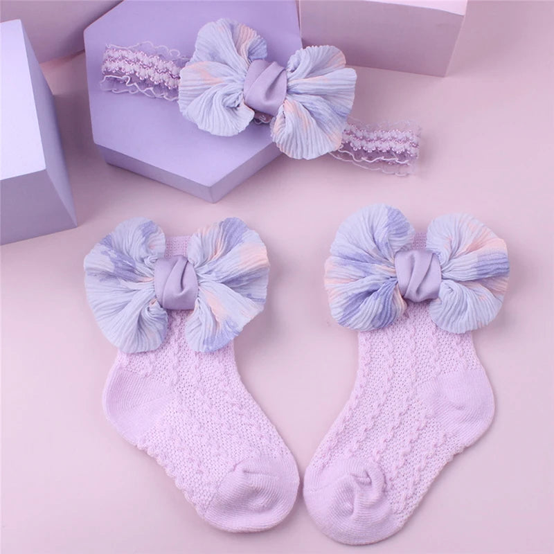 Infant Baby Girl Socks Set Princess Bowknot Patchwork Soft Warm Newborn Socks and Hairband