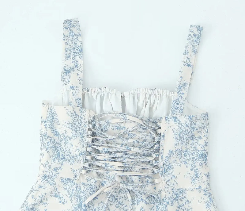 Ruched Chest White Blue Flower Corset Sling Dress Cross Lacing up Bandage Back