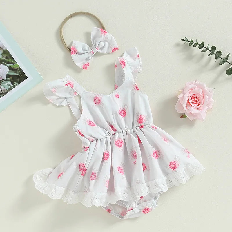 Summer Infant Baby Girls Casual Bodysuit Dress White Flying Sleeve Floral Print Jumpsuit Bow Headband Clothes