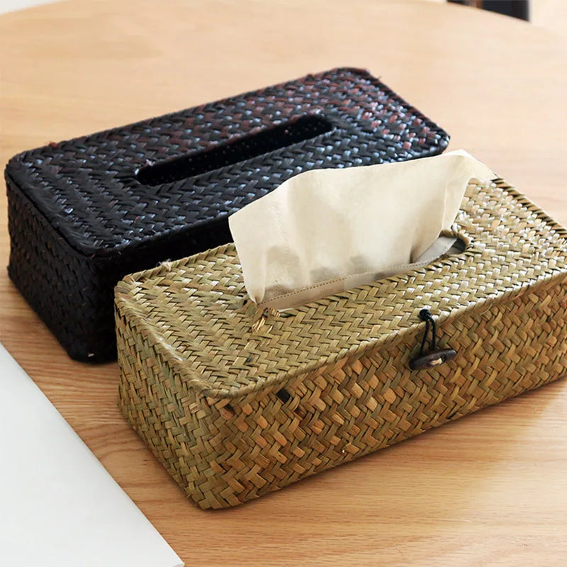 Straw Tissue Box Handmade Woven Napkin Holder Box Roll Paper Tray Car Living Room Storage Box Home Decor