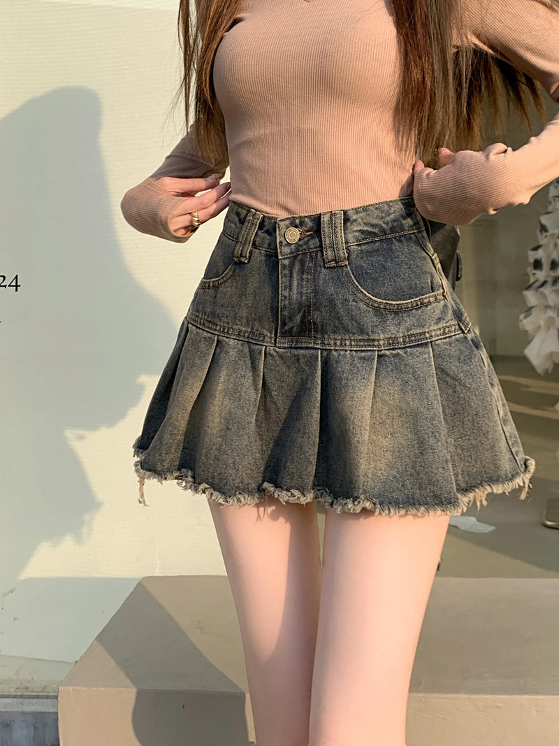 Women Summer Cute Denim Short Skirt High Waist Spliced Casual Mini Pleated Skirt