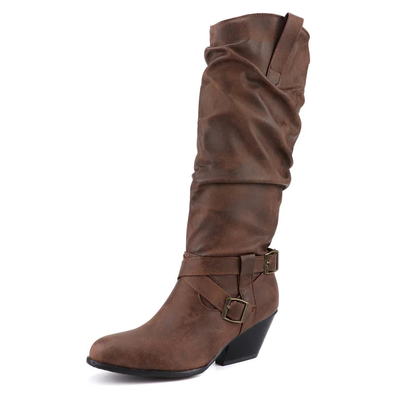 Pleated Women's Knee High Boots Western Cowboy Boots for Women