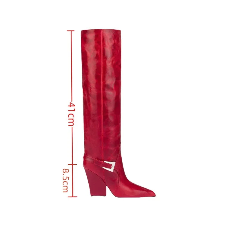 Autumn and Winter Long Boots with Square Toe Thick Heel One Foot Belt Buckle Knee High Boots