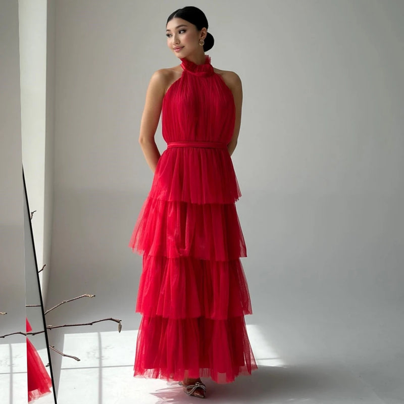 Customized Tulle Tiered Celebrity A-line Halter Bespoke Occasion Gown Midi Dresses