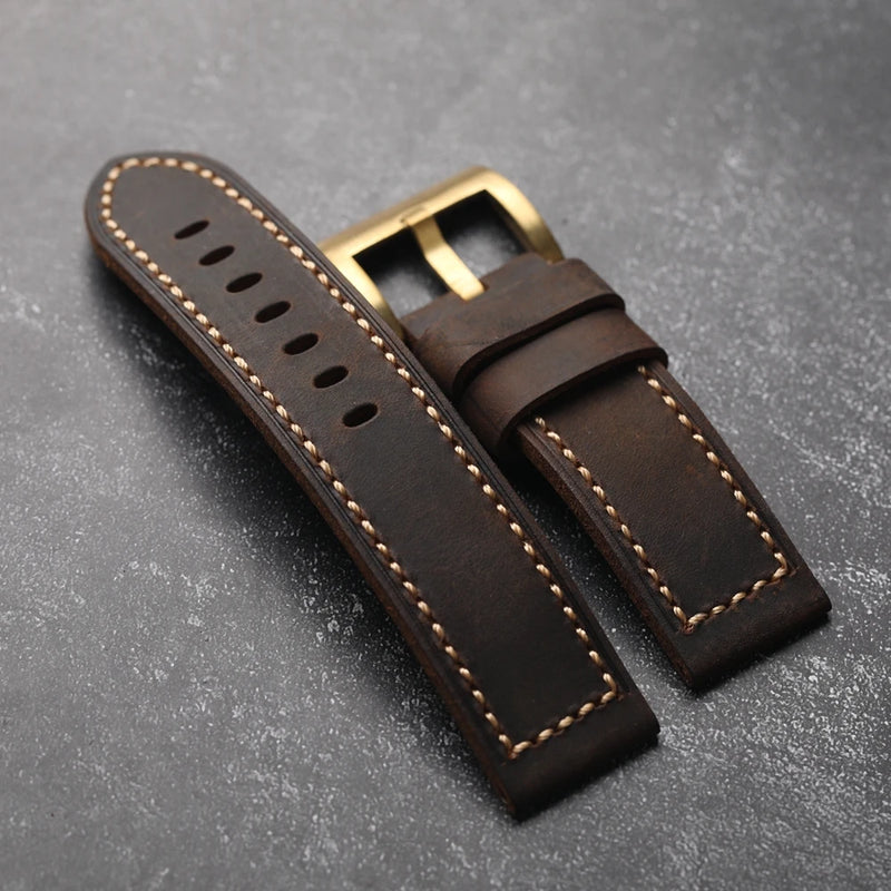 Vintage Brown Folding Head Layer Watch Band Thick Brass Buckle Genuine Leather Watch