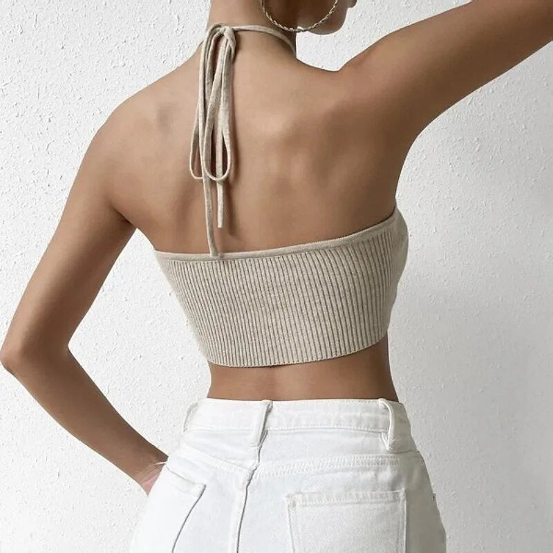 Halter Sweater Vest Sleeveless Knitted Women Spring Summer Autumn Casual Crop Top Short