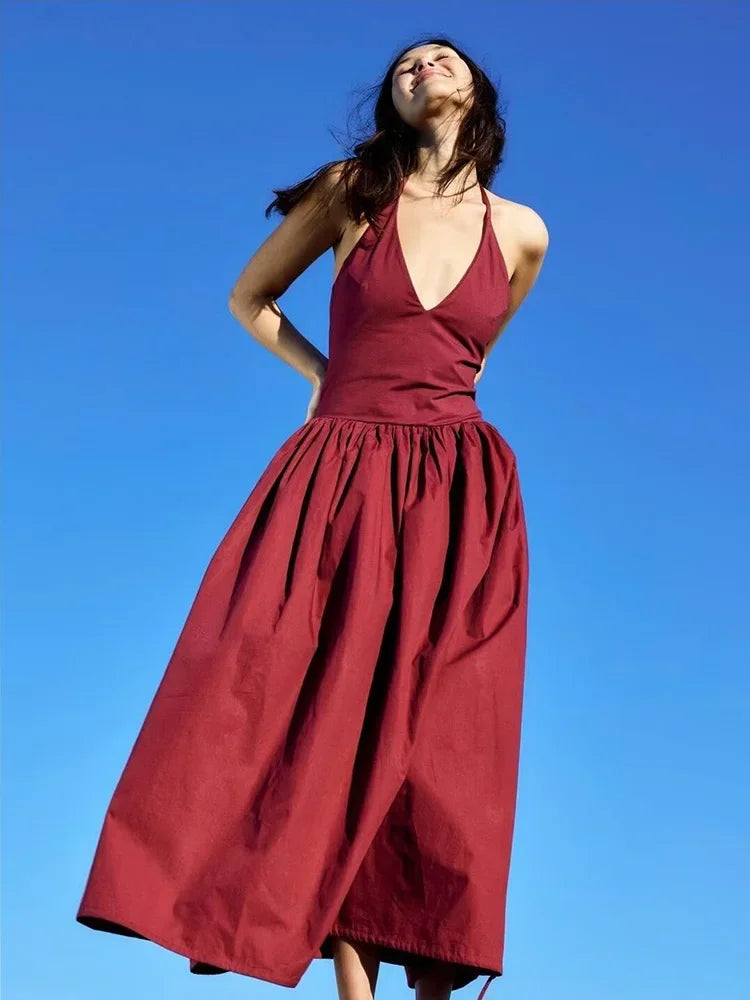 Drawstring Summer Dress Women Casual Backless Halter Burgundy A-line Midi Dress