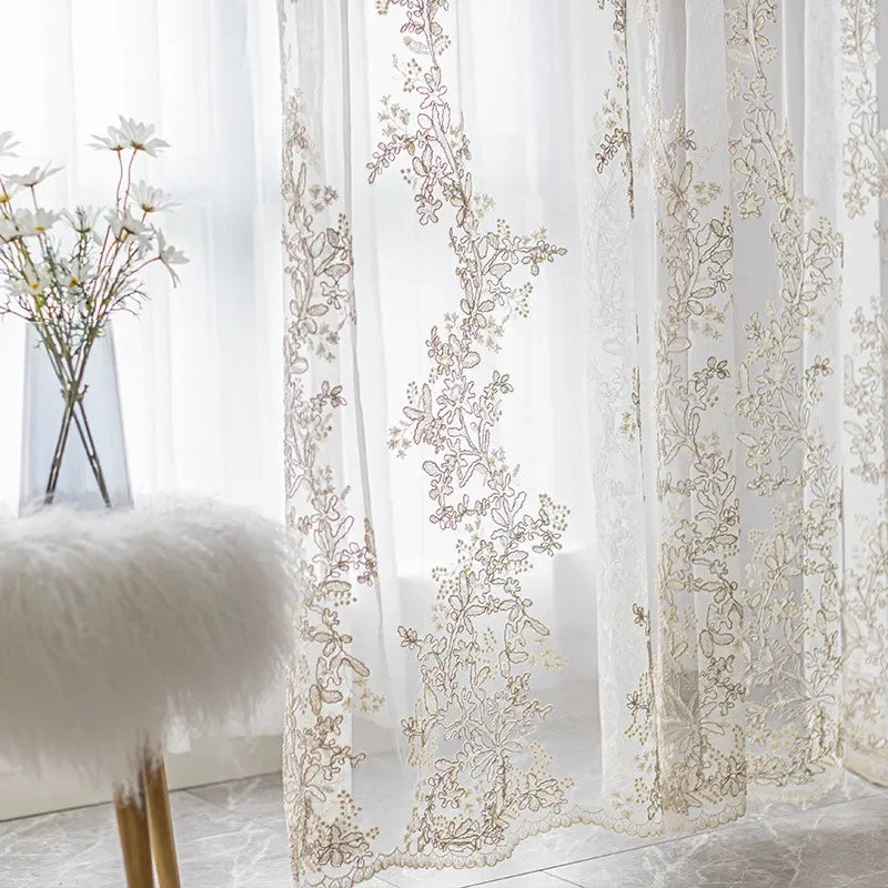 European Gold Thread Embroidery Lace Tulle Curtain Window Luxury Embroidery Sheer