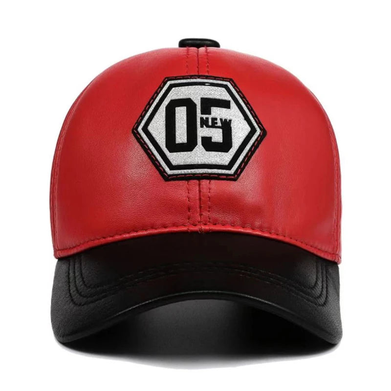 Red Baseball Hat Genuine Leather Outdoor Sunshade Embroidered Caps