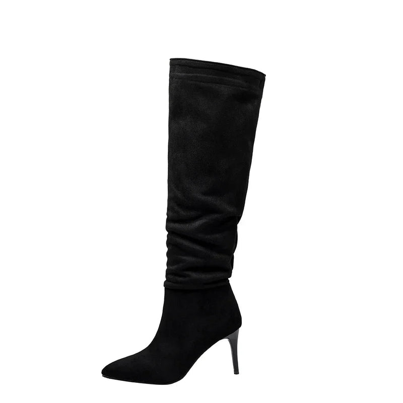 Winter Women Knee High Slouch Boots Hot Pointed Toe High Heels Lady Shoes