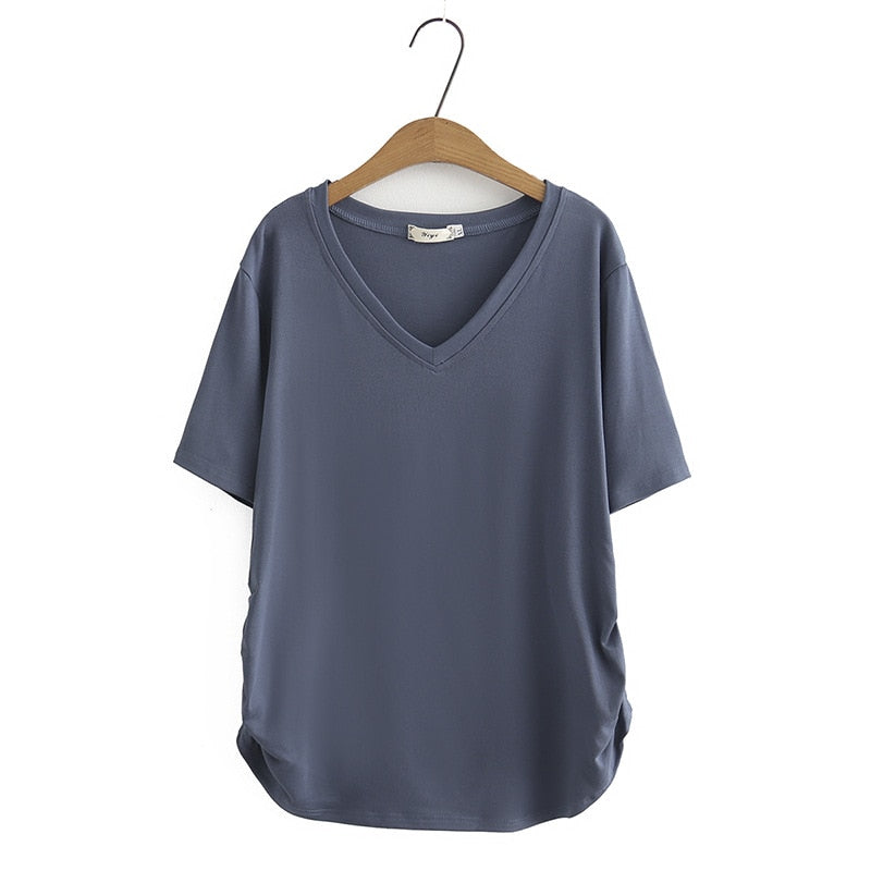 Women Summer Modal Double Face V-Neck Tees Side Fold Short Sleeve Tops Oversized Curve Clothes