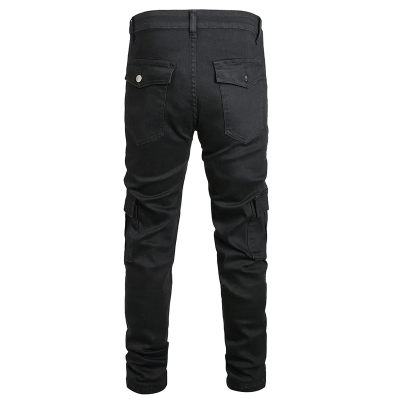 Men Side Pockets Cargo Pants Classic Black High Stretch Denim Jeans Slim Straight Trousers