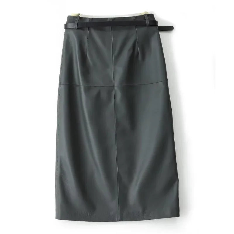 Genuine Leather for Women Wrap Long Skirt Belt Mid Length Front Slit Mid-Calf