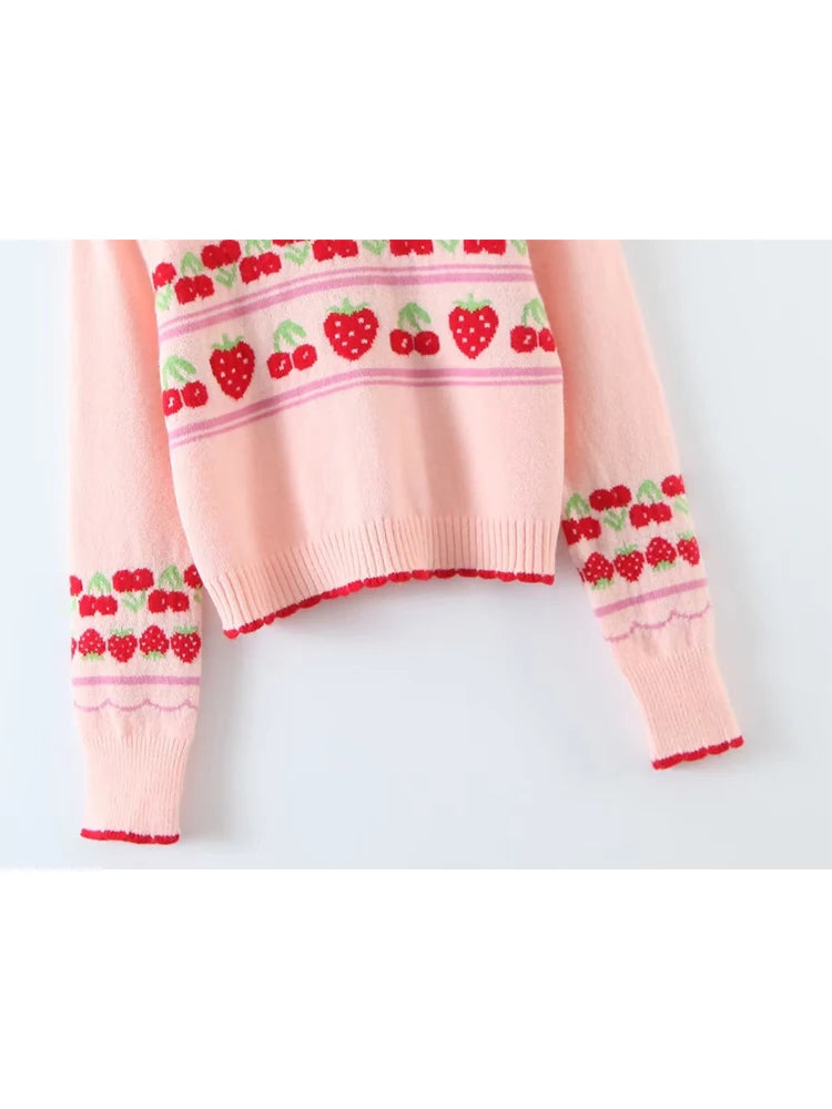 Women Sweet Pink Strawberry Cherry Thin Knit Sweater Female Crop Pullover Autumn Tops