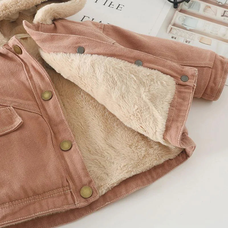 Girls Velvet Denim Coat Autumn Winter Jacket New Children's Thicked Warm Girls Plush Hooded Outerwear