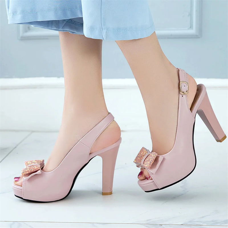 Women Platform High Heels Summer Bow Peep Toe Ladies Black Bride Wedding Shoes Party Pumps