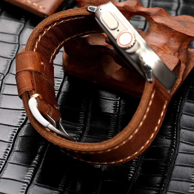 handmade Italian First Leather Watchband For Apple Watch 49mm 45mm iwatch7/8ultra Light Brown Calf Men Leather Strap