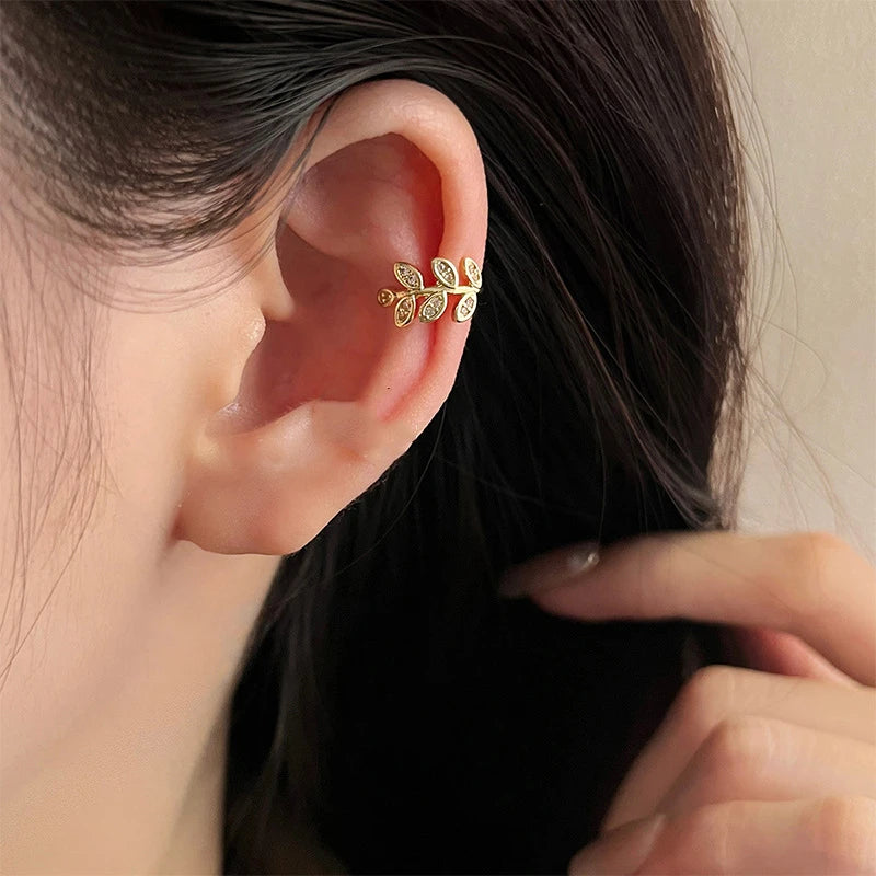 Women's Ear Crystal Leaf Gold Color Metal Ear Cuff for Girls Tiny Ear Jewelry