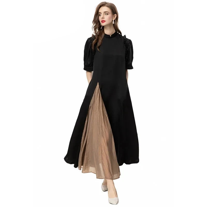 Designer spring Summer Women Stand Collar Puff Sleeve Splicing Split  Dresses