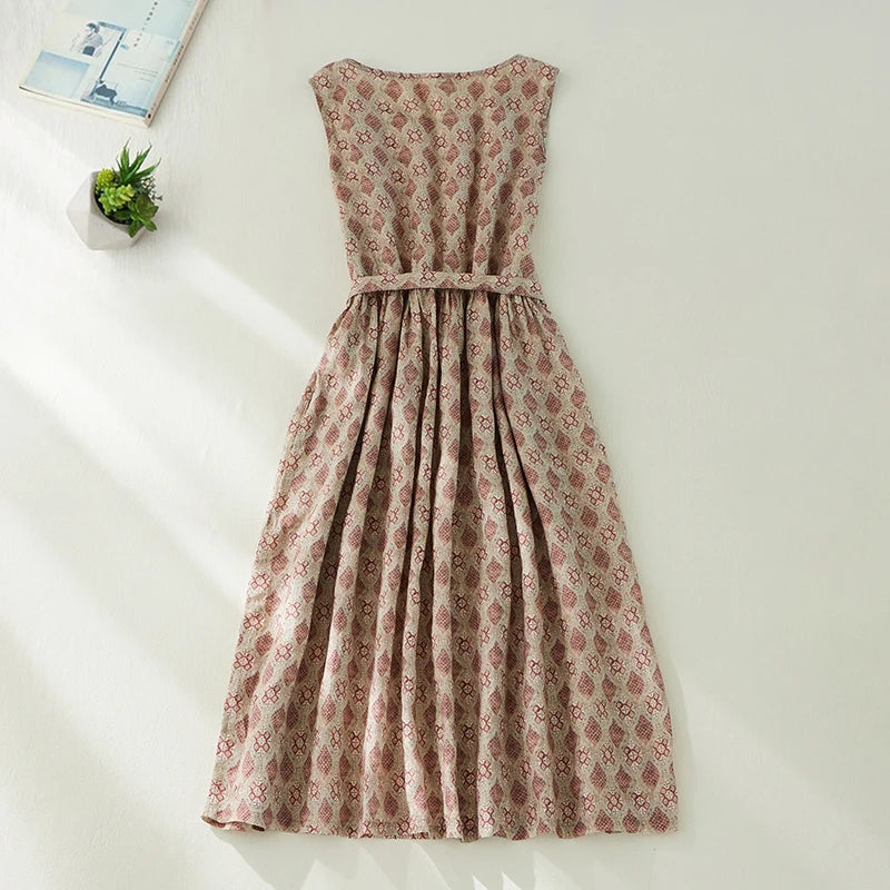 Women Summer Plaid Vintage Beach Dress Sleeveless O-Neck Cotton Midi Dress Elegant Evening Party Dresses