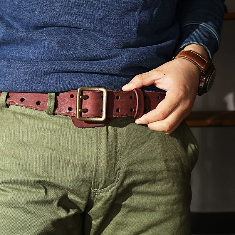 Original Handmade Double-needle Buckle Men's Belt Jeans Belt Genuine Leather Tactical Belt