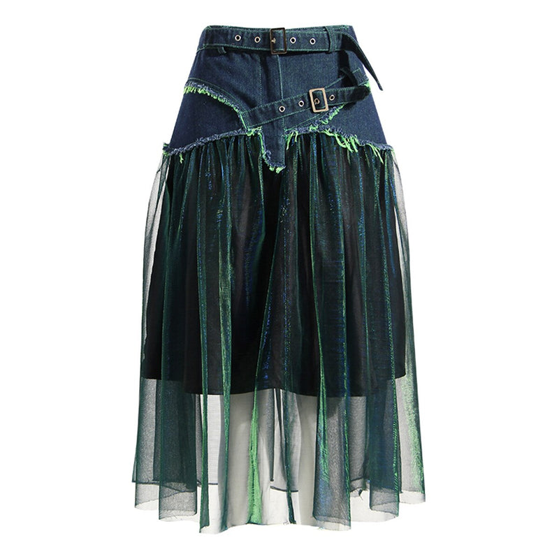 Women Skirt Spring Autumn Mesh Stitching Denim Skirts High Waisted Loose Long A-Line Jean