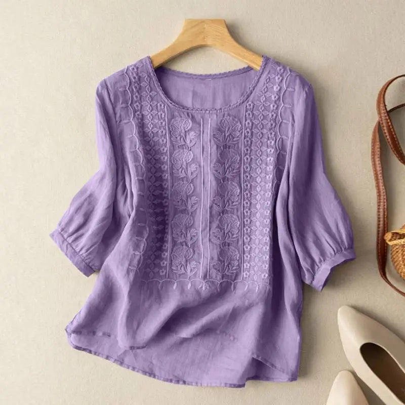 Summer Women Tops Casual Embroidery Shirt Solid Party Work Blouses Crochet Blouse