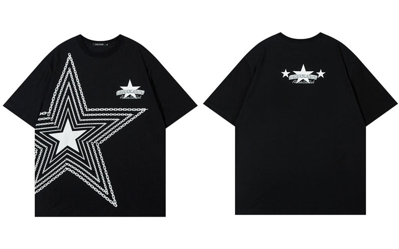 Men T Shirt Streetwear Hip Hop Chain Star Oversized Tshirt Cotton Loose Tee Shirts Summer Casual Top