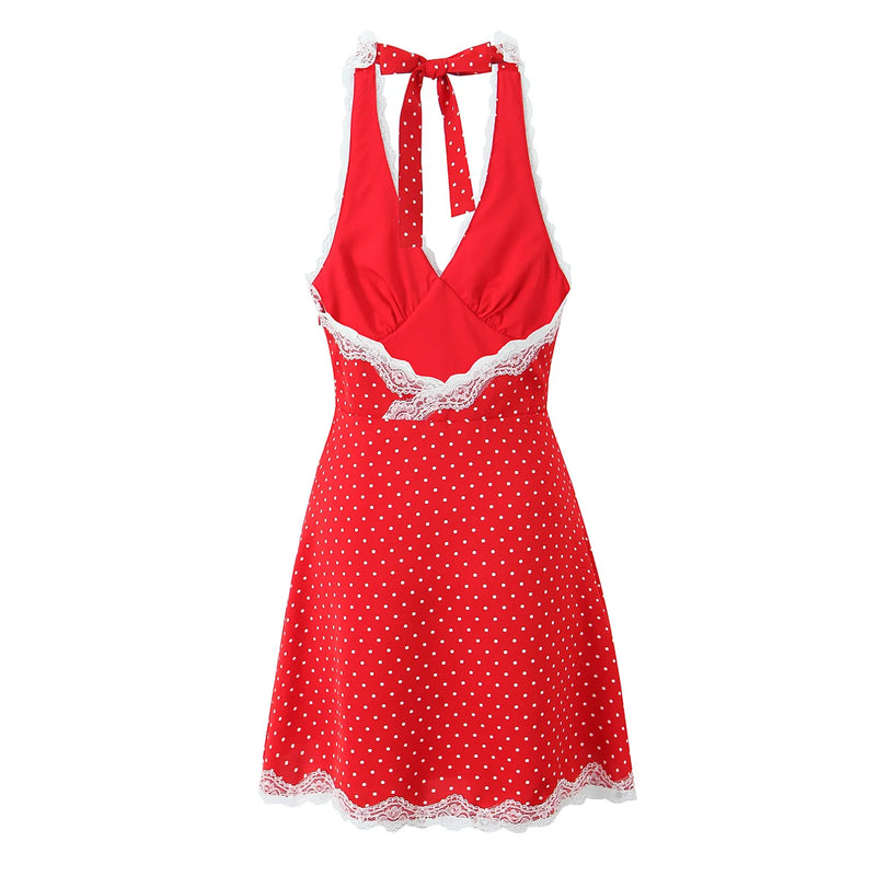 Spliced Lace Bow Halter Backless Mini Dress Women No Back Backless A-line Short Robe Holiday