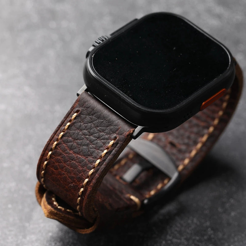 Handmade Dark Retro Style Strap For Apple Watch S9 S8 Ultra2 Lychee Soft Leather Strap Men