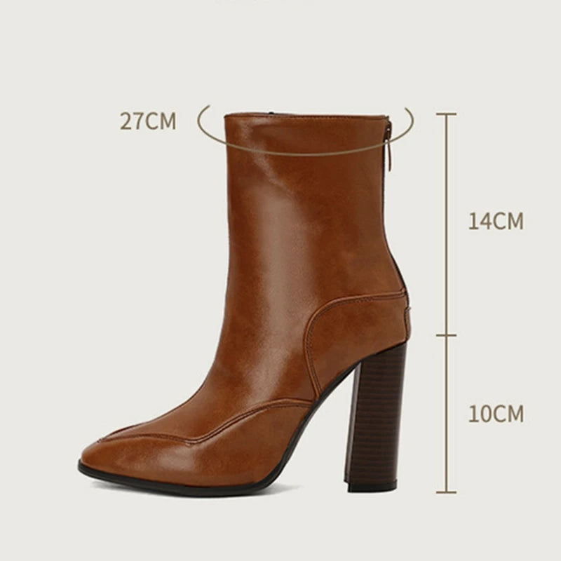 Women Pointed Toe Women Ankle Boots 10cm Thick Heels Zip Leather Rivets