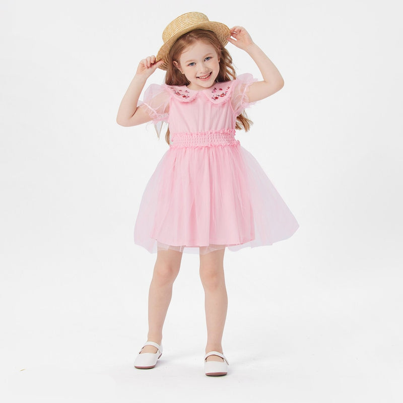 Toddler Girl Embroidered Statement Collar Puff-sleeve Mesh Dress