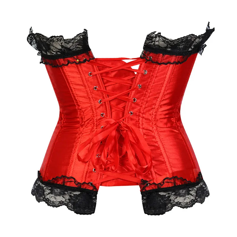 Pink Corset Top Bustier with Lace Up Trim Satin Overbust Ladies Shaper Victorian Floral Princess Red