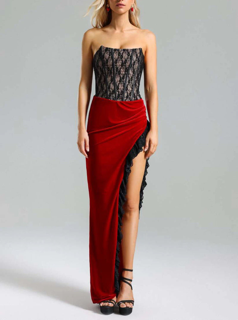 Strapless Lace Patchwork Off Shoulder Backless High Slit Slim Dress Elegant Evening Party Gown