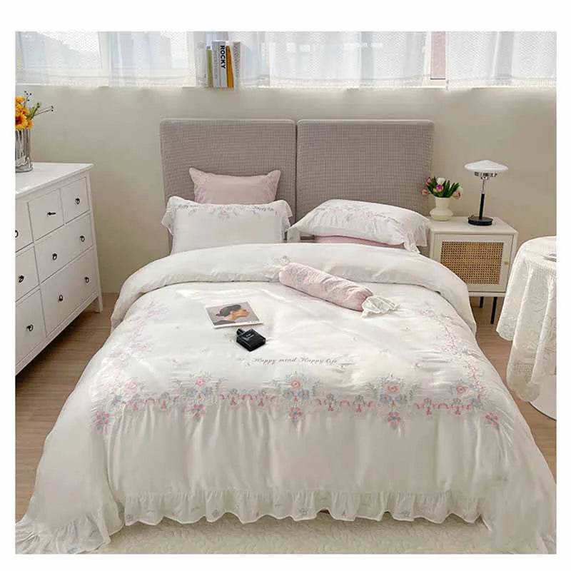 Summer 60 double-sided Silk four piece set girl's heart Ruffle quilt cover cool feeling naked Quilt cover