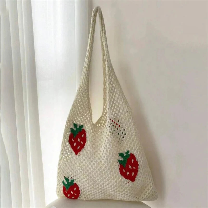 Women Large Capacity Shoulder Bag Stylish Strawberry Pattern Crochet Tote Bag All-Match Bag Cute Fanny Pack Knitting Bag