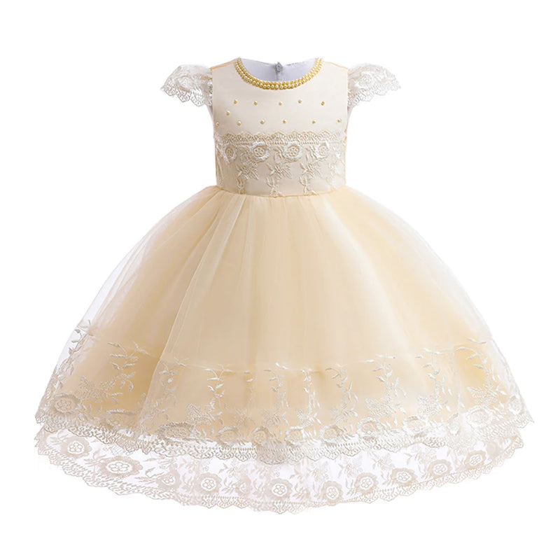 Trailing Formal Bridesmaid Dresses For Girl Children Costume Lace Beaded Girls Princess Party Dress Kids Birthday Wedding Gown