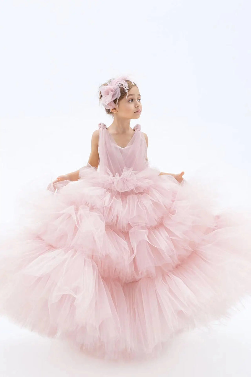 Light Pink Tiered Flower Girl Dress For Wedding Sleeveless Puffy Elegant Kids Birthday Party